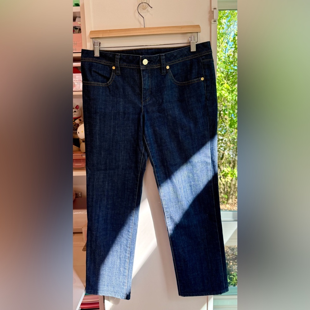 Tory Burch NWOT Cropped Straight Leg Jeans Dark Wash Size 30 Logo